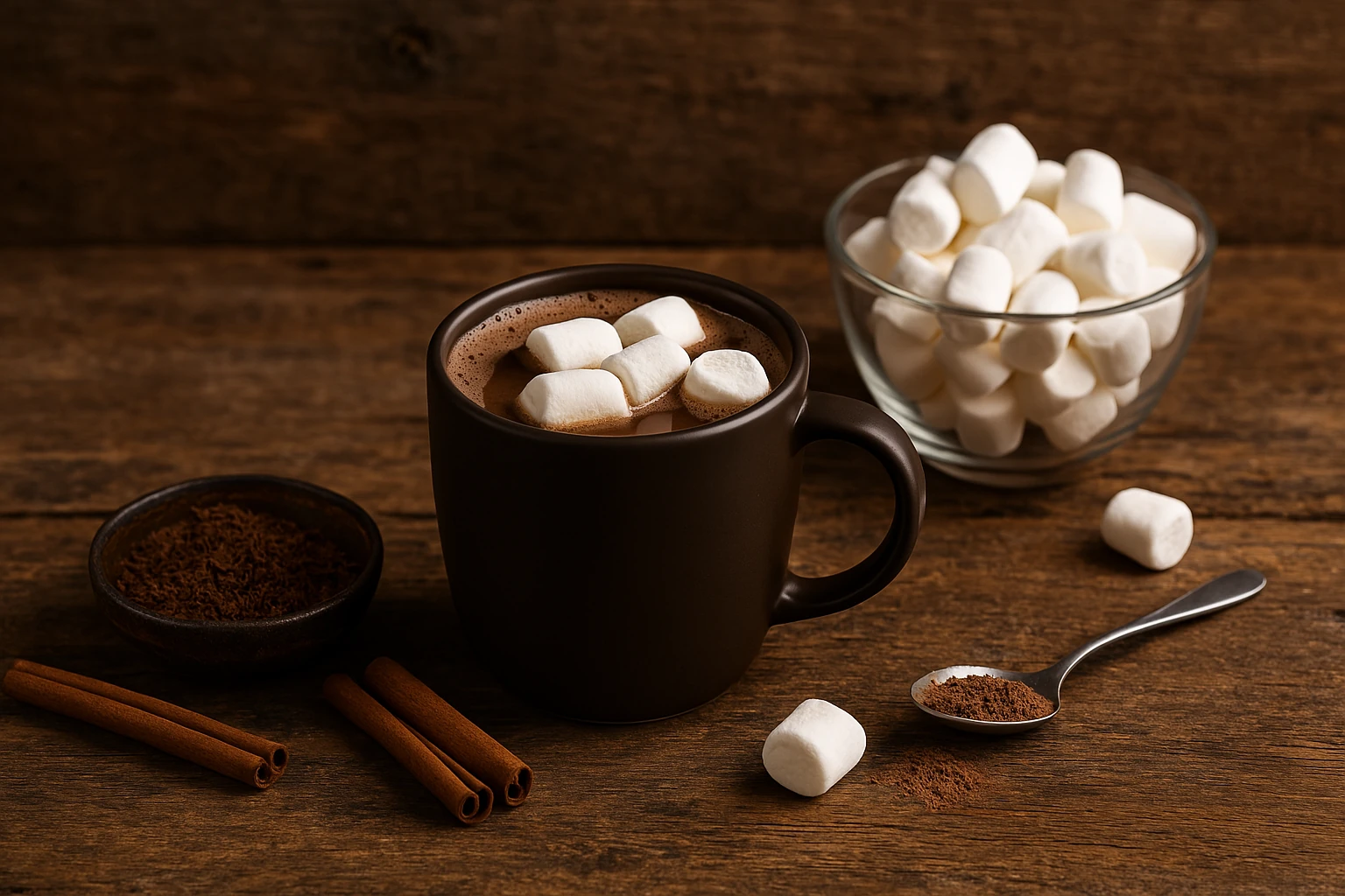 Une tasse de café avec des marshmallows et des cacahuètes.
