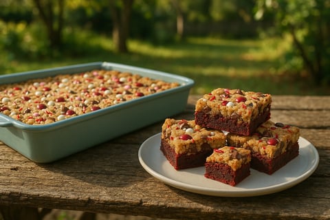 Brookies red velvet moelleux garnis de pépites et bonbons colorés.