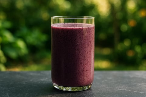 Smoothie matinal au matcha et aux myrtilles dans un verre transparent.