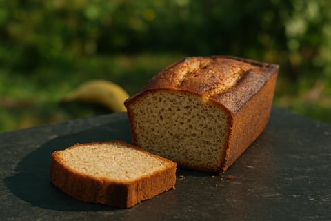 Banana bread moelleux avec tranche coupée au premier plan.